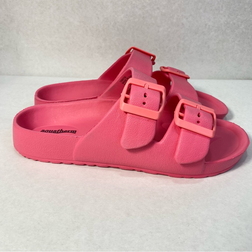 Aquatherm Slip On Buckle Strappy Slides Sandals | PINK | Women’s Sz 7; Like NEW!